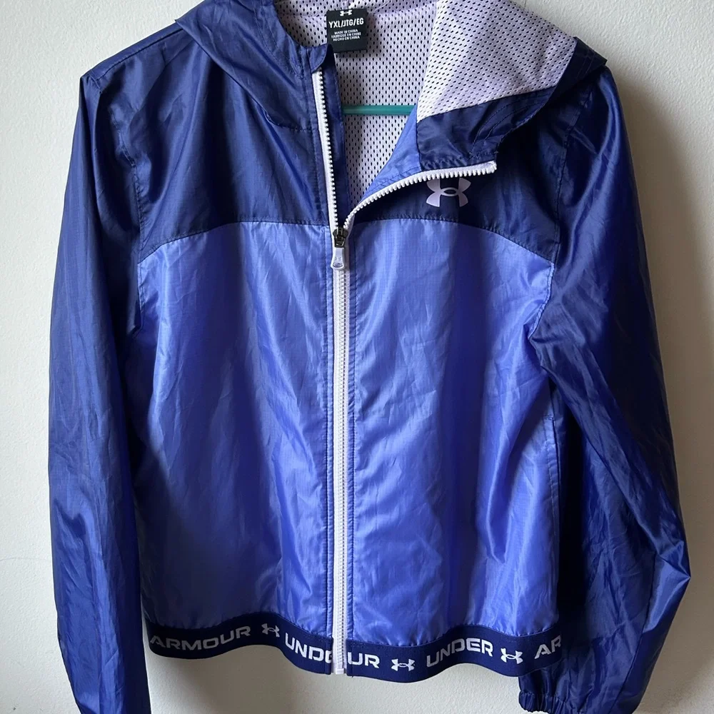 UNDER ARMOUR Kids Hooded Rain Jacket Blue Full Zip Windbreaker — Size M